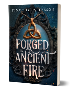 3D paperback mockup of Forged in Ancient Fire by Timothy Patterson, featuring a gold Celtic triquetra pendant hanging over an ornate oval mirror on a deep blue background.